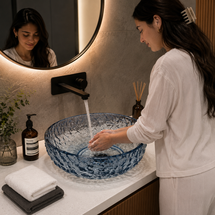 Bassino blue textured glass table top wash basin 450x450x150 mm round transparent designer basin for modern luxury bathroom countertop.