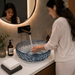 Bassino blue textured glass table top wash basin 450x450x150 mm round transparent designer basin for modern luxury bathroom countertop.