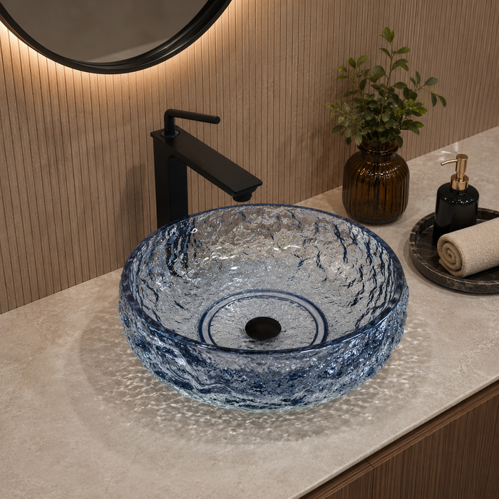 Bassino blue textured glass table top wash basin 450x450x150 mm round transparent designer basin for modern luxury bathroom countertop.