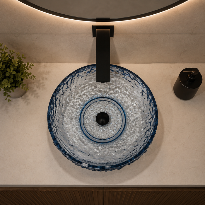 Bassino blue textured glass table top wash basin 450x450x150 mm round transparent designer basin for modern luxury bathroom countertop.
