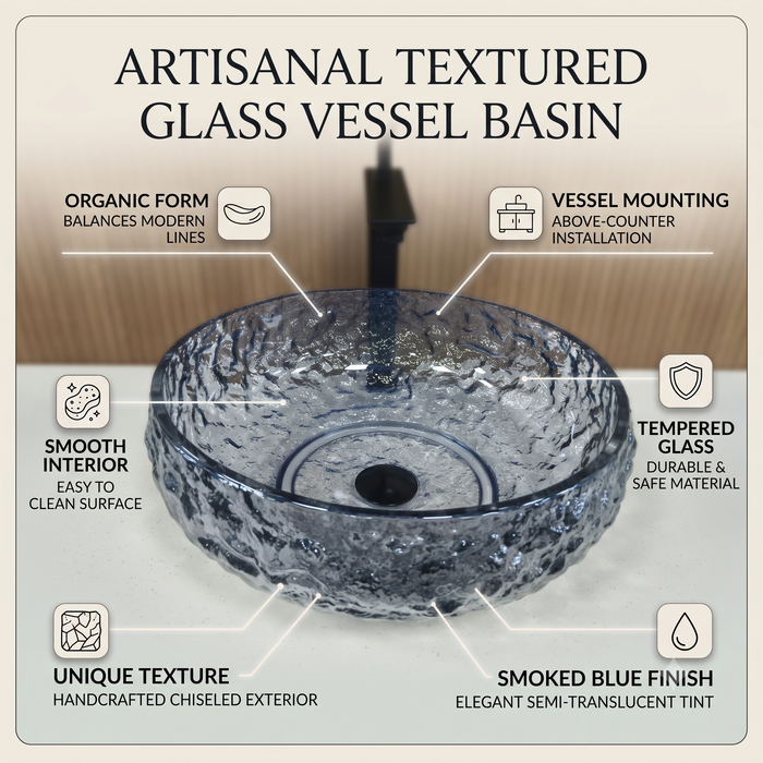 Bassino blue textured glass table top wash basin 450x450x150 mm round transparent designer basin for modern luxury bathroom countertop.