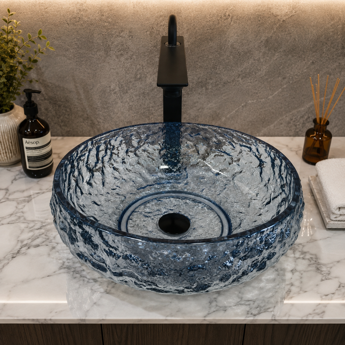Bassino blue textured glass table top wash basin 450x450x150 mm round transparent designer basin for modern luxury bathroom countertop.