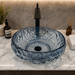 Bassino blue textured glass table top wash basin 450x450x150 mm round transparent designer basin for modern luxury bathroom countertop.