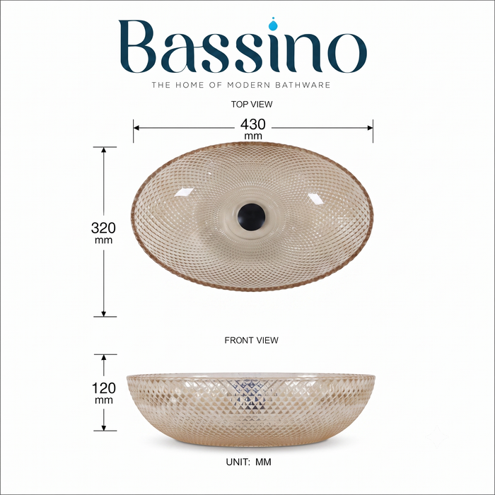 Bassino champagne textured glass table top wash basin, 430 x 320 x 120 mm oval countertop basin for modern luxury bathrooms