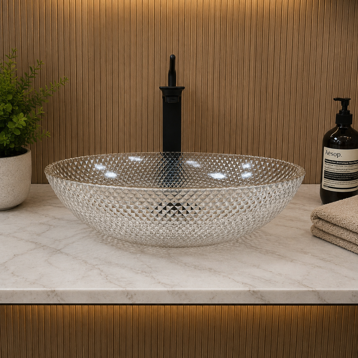 Bassino champagne textured glass table top wash basin, 430 x 320 x 120 mm oval countertop basin for modern luxury bathrooms