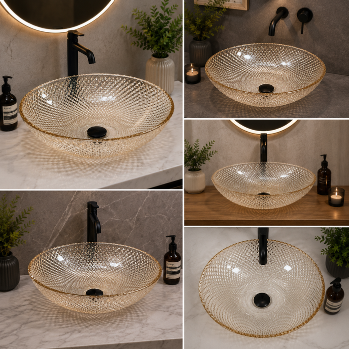 Bassino champagne textured glass table top wash basin, 430 x 320 x 120 mm oval countertop basin for modern luxury bathrooms