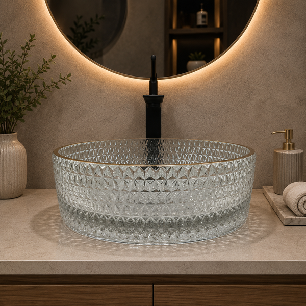 Clear Textured Glass Table Top Wash Basin with Gold Rim – 17.7 × 17.7 × 5.9 Inch Round Countertop Basin for Luxury Bathroom