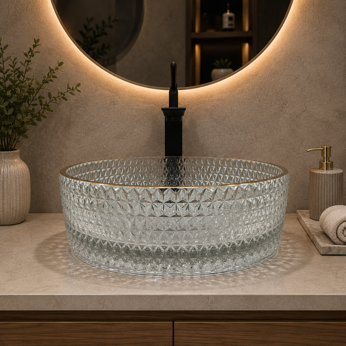 Bassino clear textured glass table top wash basin with gold rim, 450 x 450 x 150 mm round countertop basin for modern luxury bathrooms