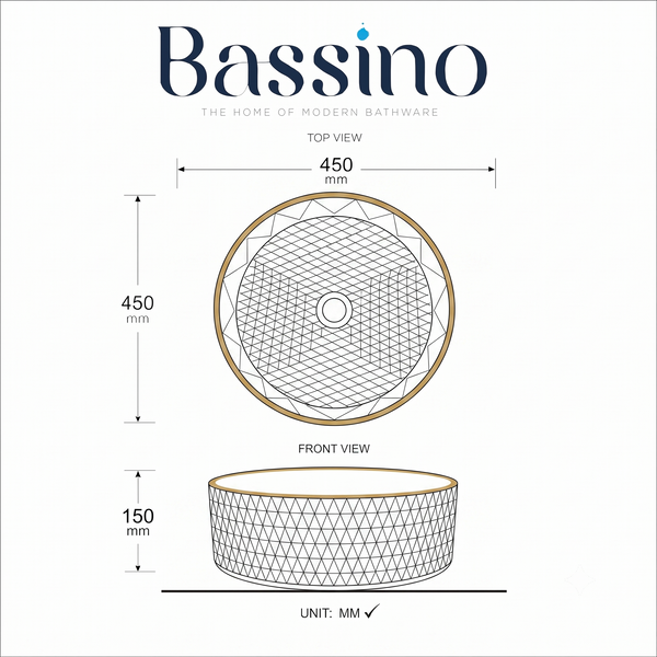 Clear Textured Glass Table Top Wash Basin with Gold Rim – 17.7 × 17.7 × 5.9 Inch Round Countertop Basin for Luxury Bathroom