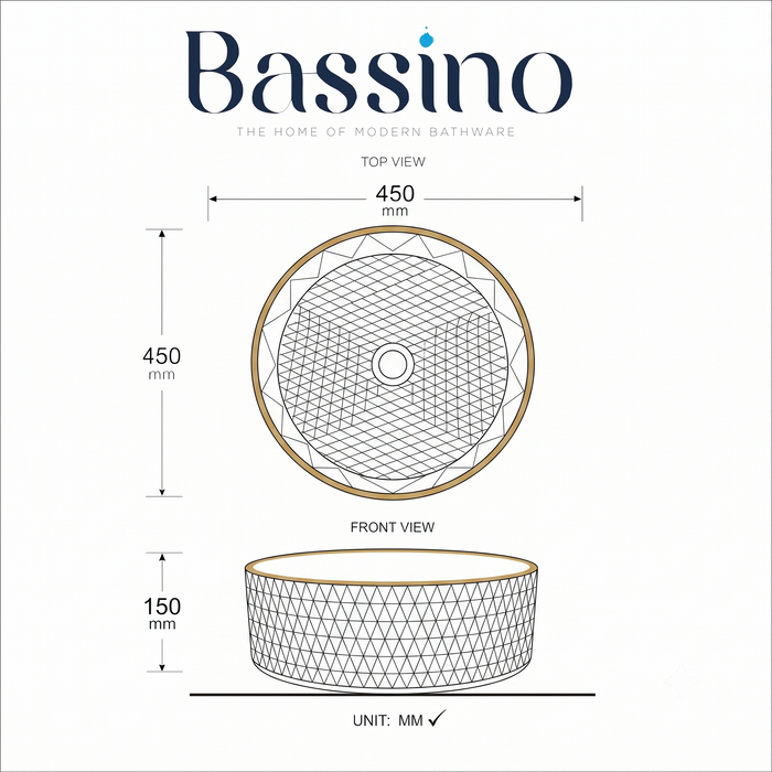Bassino clear textured glass table top wash basin with gold rim, 450 x 450 x 150 mm round countertop basin for modern luxury bathrooms