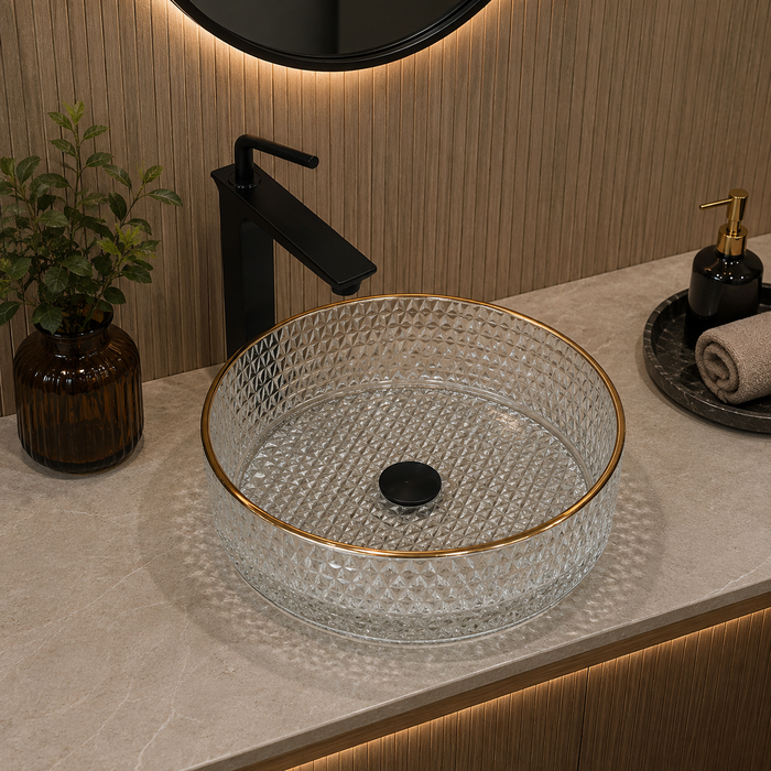 Bassino clear textured glass table top wash basin with gold rim, 450 x 450 x 150 mm round countertop basin for modern luxury bathrooms