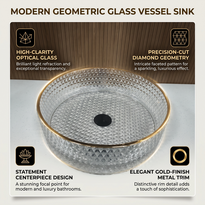 Bassino clear textured glass table top wash basin with gold rim, 450 x 450 x 150 mm round countertop basin for modern luxury bathrooms