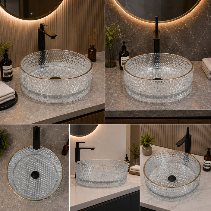 Bassino clear textured glass table top wash basin with gold rim, 450 x 450 x 150 mm round countertop basin for modern luxury bathrooms