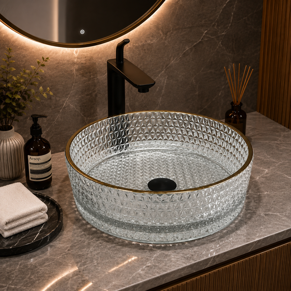 Clear Textured Glass Table Top Wash Basin with Gold Rim – 17.7 × 17.7 × 5.9 Inch Round Countertop Basin for Luxury Bathroom