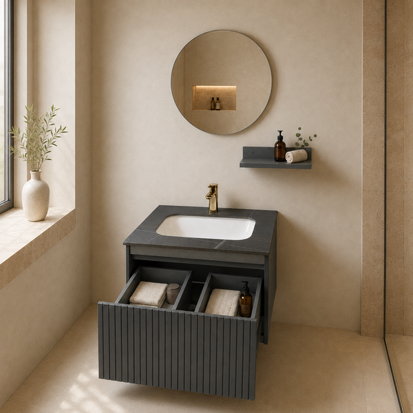 24" Dark Grey Fluted Wall-Mounted Bathroom Vanity Set with Round Mirror, White Basin & Utility Shelf
