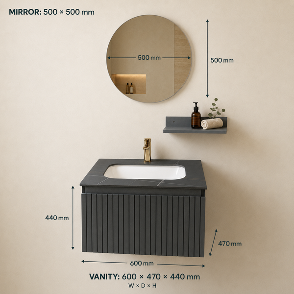 24" Dark Grey Fluted Wall-Mounted Bathroom Vanity Set with Round Mirror, White Basin & Utility Shelf