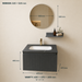 Bassino dark grey wall-mounted bathroom vanity set with fluted cabinet, white inset basin, dark stone countertop, round mirror and utility shelf in a modern luxury bathroom.  