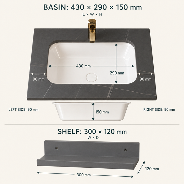 24" Dark Grey Fluted Wall-Mounted Bathroom Vanity Set with Round Mirror, White Basin & Utility Shelf