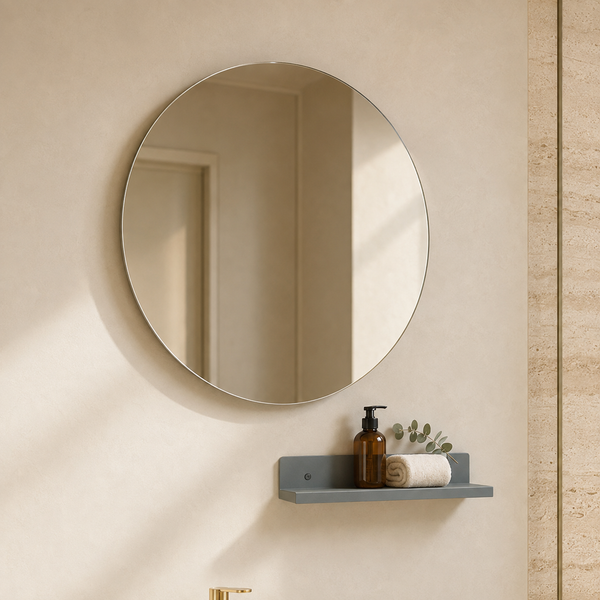 24" Dark Grey Fluted Wall-Mounted Bathroom Vanity Set with Round Mirror, White Basin & Utility Shelf