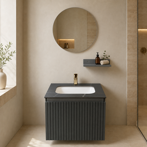 24" Dark Grey Fluted Wall-Mounted Bathroom Vanity Set with Round Mirror, White Basin & Utility Shelf