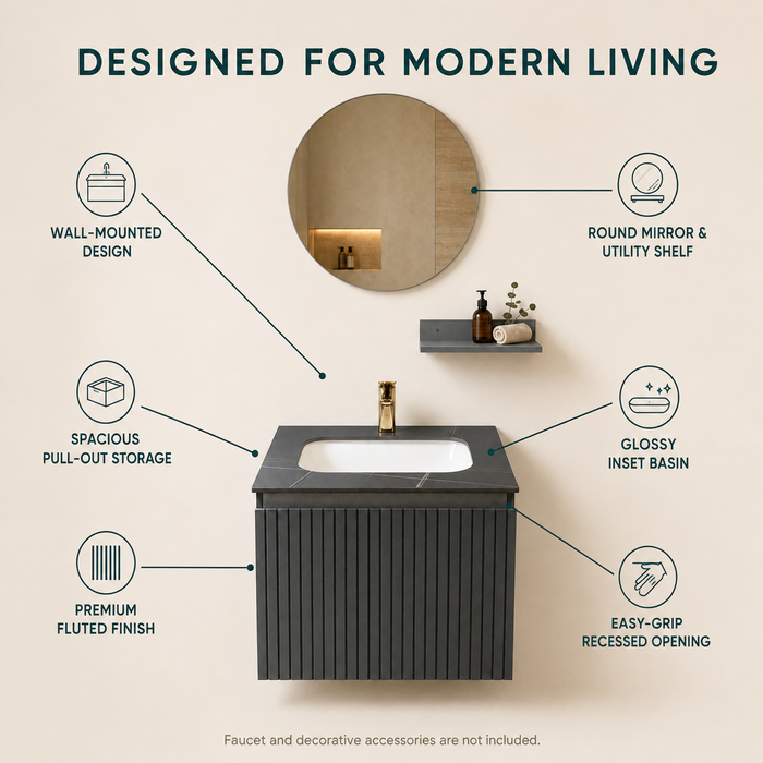 Bassino dark grey wall-mounted bathroom vanity set with fluted cabinet, white inset basin, dark stone countertop, round mirror and utility shelf in a modern luxury bathroom.  