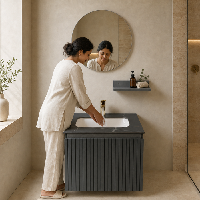 Bassino dark grey wall-mounted bathroom vanity set with fluted cabinet, white inset basin, dark stone countertop, round mirror and utility shelf in a modern luxury bathroom.  