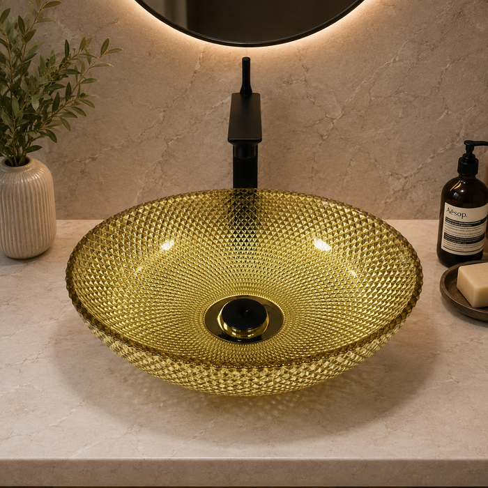 Bassino golden amber textured glass table top wash basin, 430 x 320 x 120 mm oval countertop basin for modern luxury bathrooms