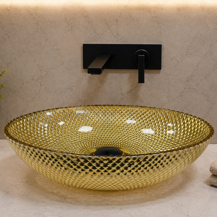 Bassino golden amber textured glass table top wash basin, 430 x 320 x 120 mm oval countertop basin for modern luxury bathrooms