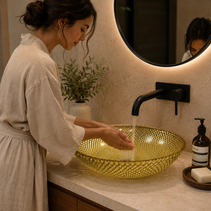 Bassino golden amber textured glass table top wash basin, 430 x 320 x 120 mm oval countertop basin for modern luxury bathrooms