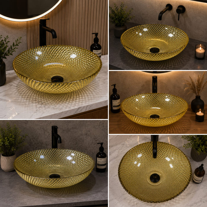 Bassino golden amber textured glass table top wash basin, 430 x 320 x 120 mm oval countertop basin for modern luxury bathrooms
