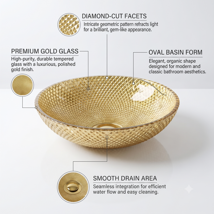 Bassino golden amber textured glass table top wash basin, 430 x 320 x 120 mm oval countertop basin for modern luxury bathrooms