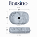 Bassino grey marble designer table top wash basin 560 × 360 × 170 mm with modern rounded rectangular shape for luxury bathroom countertops.