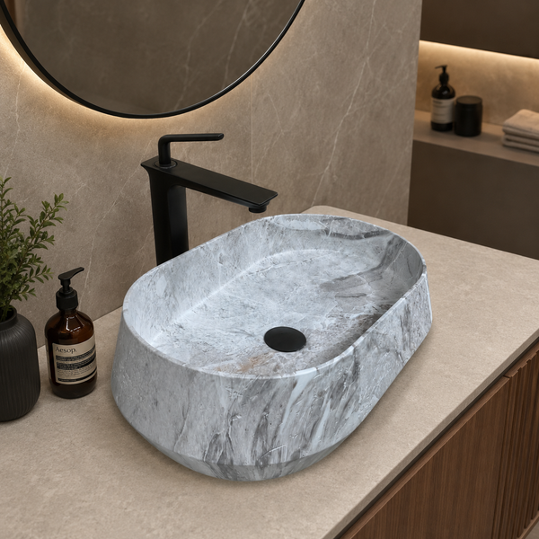 Grey Marble Designer Artificial Stone Table Top Wash Basin – 22 × 14 × 6.7 Inch | Modern Countertop Basin