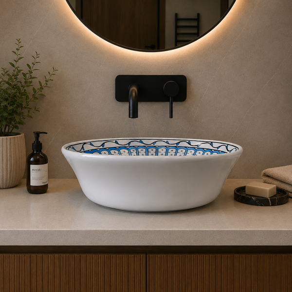 Handmade Ceramic Table Top Wash Basin – 16 × 16 × 4.7 Inch | Blue & White Glossy Designer Basin