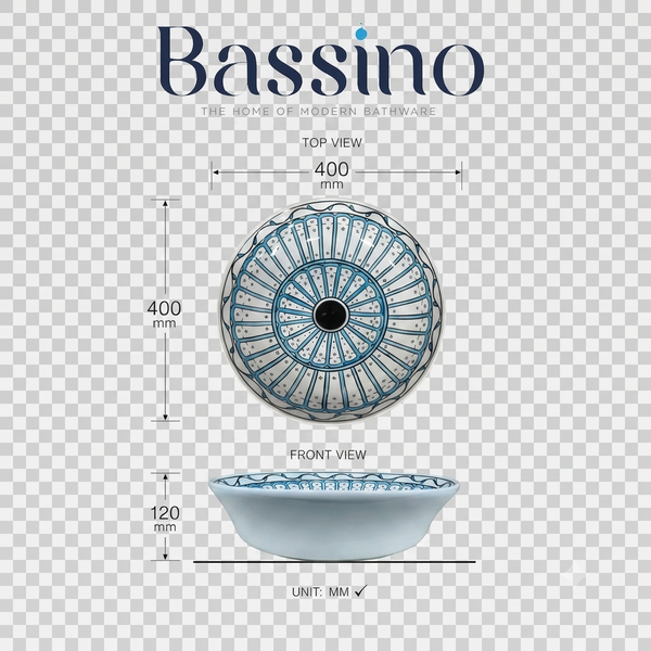 Handmade Ceramic Table Top Wash Basin – 16 × 16 × 4.7 Inch | Blue & White Glossy Designer Basin