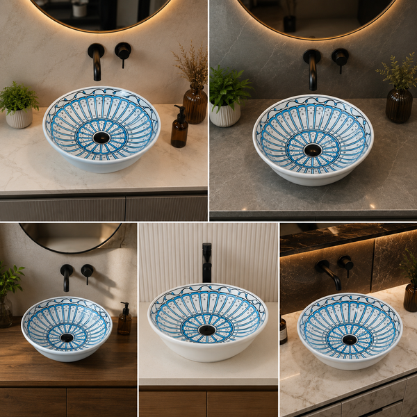 Handmade Ceramic Table Top Wash Basin – 16 × 16 × 4.7 Inch | Blue & White Glossy Designer Basin