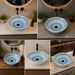 Bassino handmade ceramic table top wash basin 400 × 400 × 120 mm with blue and white decorative pattern, round design and glossy finish for modern luxury bathrooms.