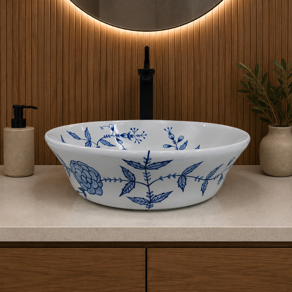 Handmade Ceramic Table Top Wash Basin – 16 × 16 × 4.7 Inch | Blue Floral Glossy Designer Basin