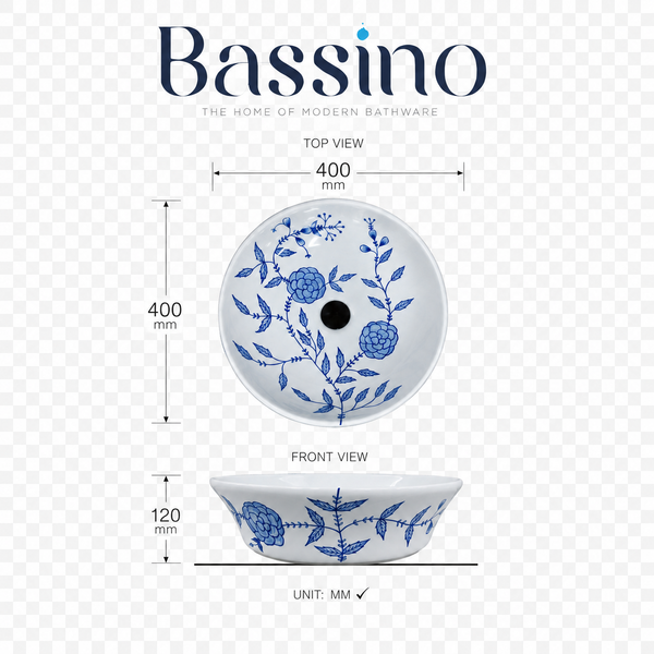 Handmade Ceramic Table Top Wash Basin – 16 × 16 × 4.7 Inch | Blue Floral Glossy Designer Basin
