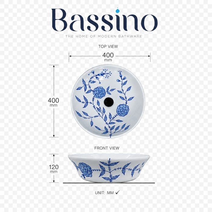 Bassino handmade ceramic table top wash basin 400 × 400 × 120 mm with blue floral pattern, white glossy finish and round countertop design for modern bathrooms.