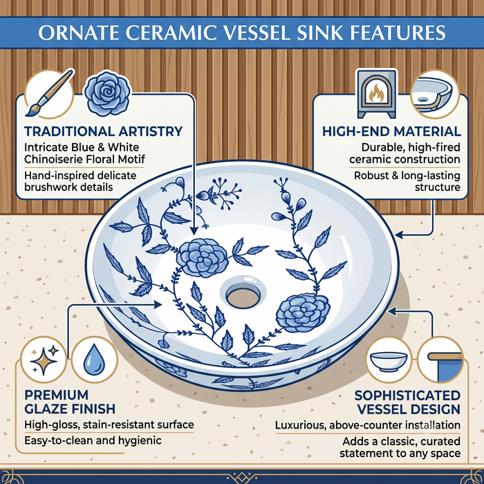 Bassino handmade ceramic table top wash basin 400 × 400 × 120 mm with blue floral pattern, white glossy finish and round countertop design for modern bathrooms.