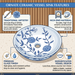 Bassino handmade ceramic table top wash basin 400 × 400 × 120 mm with blue floral pattern, white glossy finish and round countertop design for modern bathrooms.