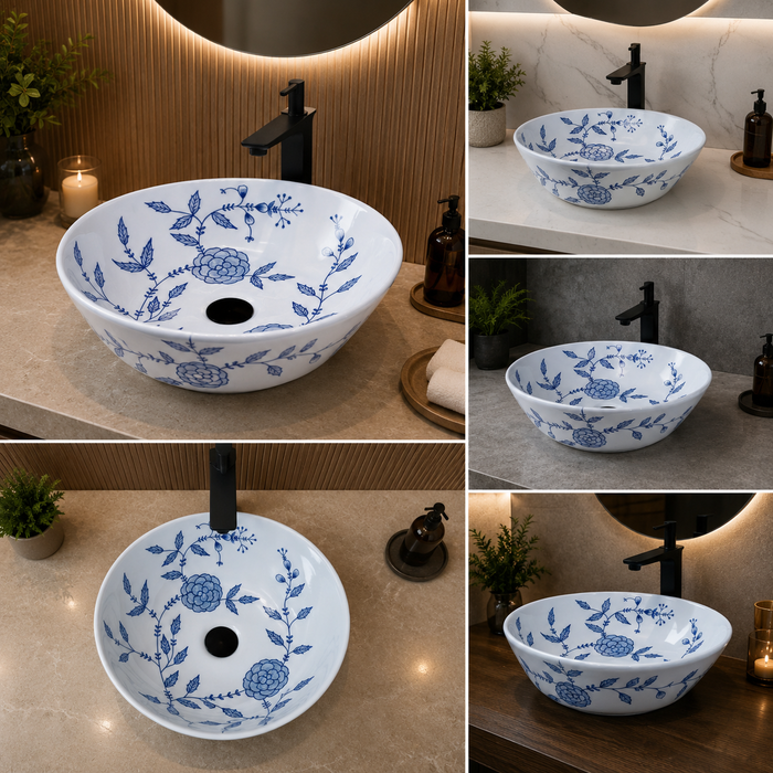 Bassino handmade ceramic table top wash basin 400 × 400 × 120 mm with blue floral pattern, white glossy finish and round countertop design for modern bathrooms.