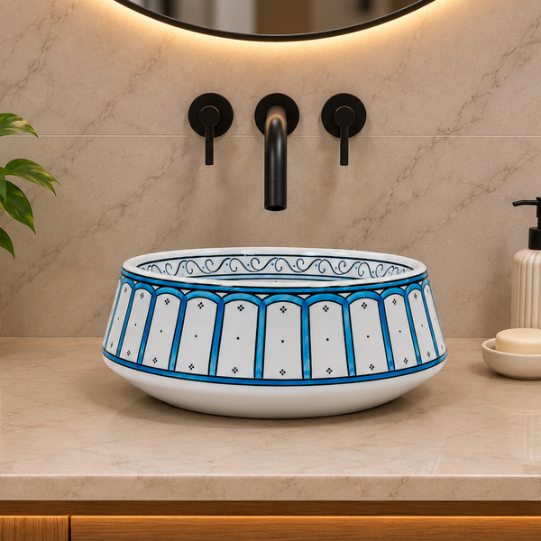 Handmade Ceramic Table Top Wash Basin – 16 × 16 × 6 Inch | Blue & White Glossy Designer Basin