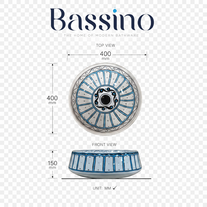 Bassino handmade ceramic table top wash basin 400 × 400 × 150 mm with blue and white decorative design and glossy finish for luxury bathrooms.