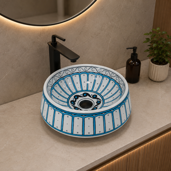 Handmade Ceramic Table Top Wash Basin – 16 × 16 × 6 Inch | Blue & White Glossy Designer Basin