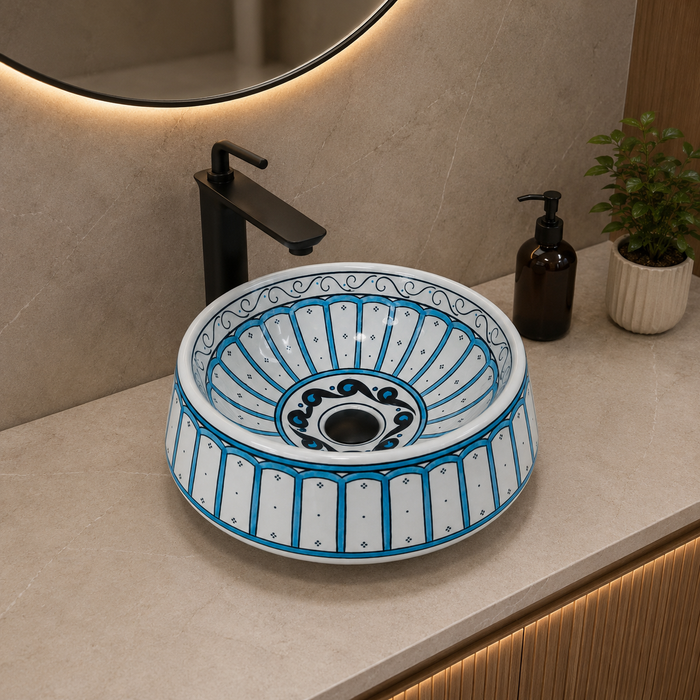 Bassino handmade ceramic table top wash basin 400 × 400 × 150 mm with blue and white decorative design and glossy finish for luxury bathrooms.