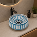 Bassino handmade ceramic table top wash basin 400 × 400 × 150 mm with blue and white decorative design and glossy finish for luxury bathrooms.