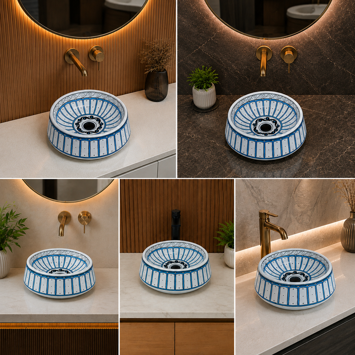 Bassino handmade ceramic table top wash basin 400 × 400 × 150 mm with blue and white decorative design and glossy finish for luxury bathrooms.