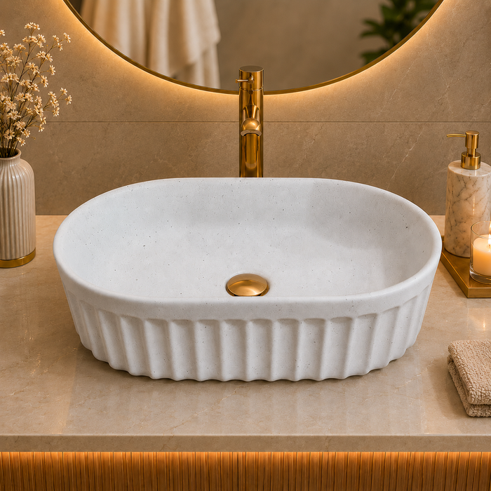 Bassino matte ceramic oval countertop wash basin in white, 550 × 355 × 150 mm